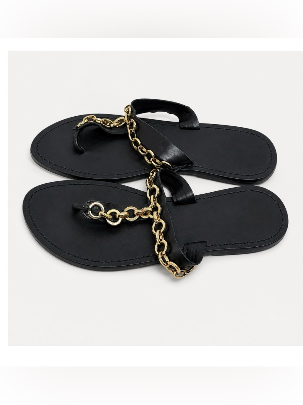 SCHUTZ Lorraine Black Leather Chain Sandals Size 8 Gold Hardware Minimalist Chic